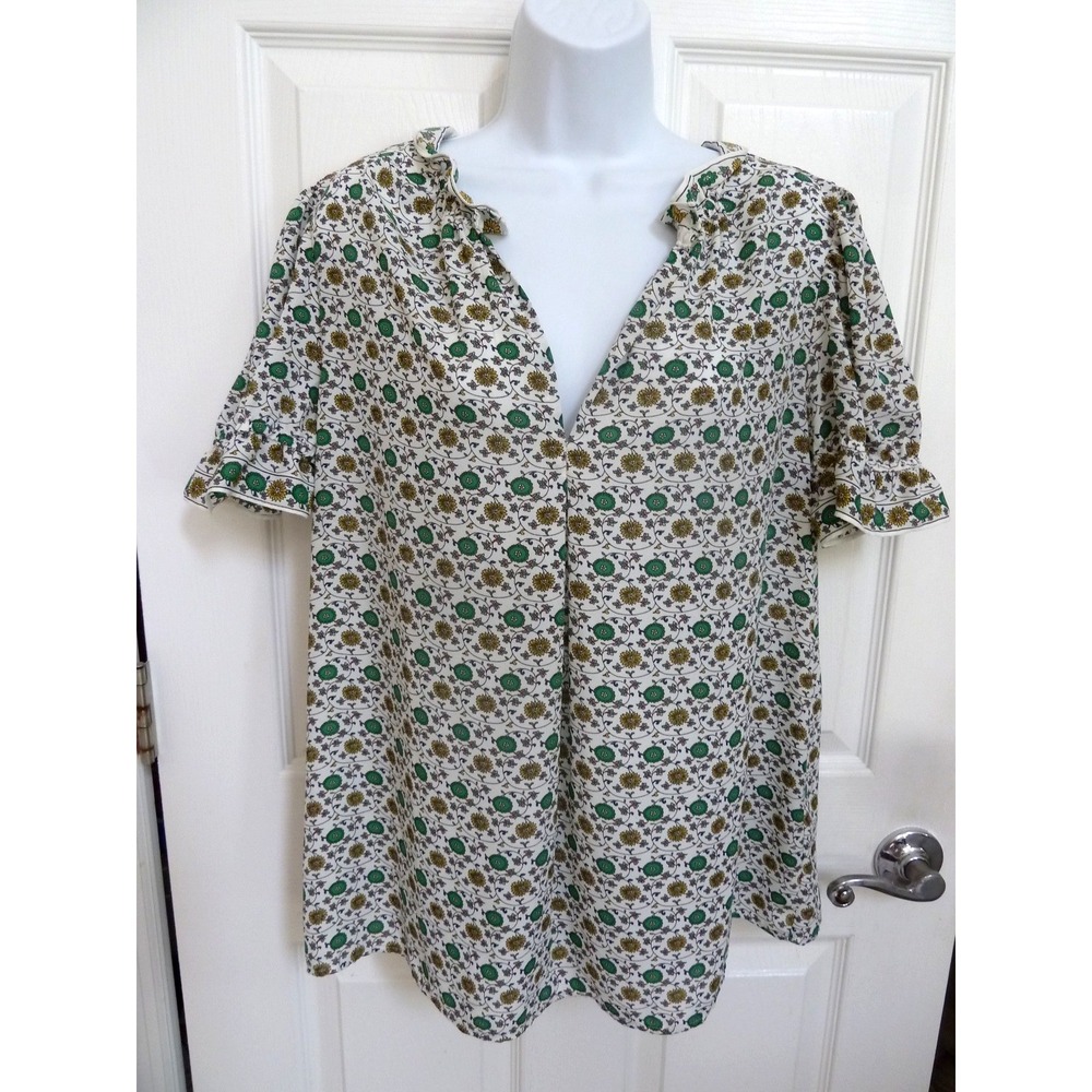 MAX STUDIO Large Puffed Sleeve Ruffle Neck Floral Blouse Green Gold A712D38